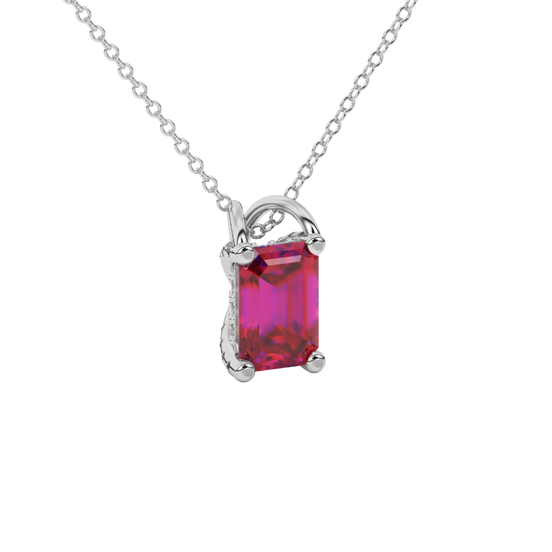 raspberry red gemstone french pavé solitaire pendant in white gold
