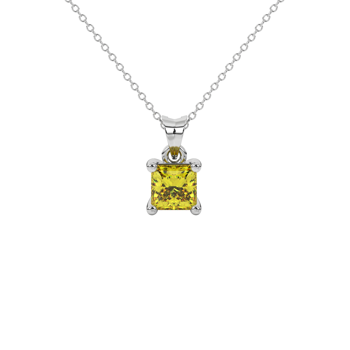 Princess canary yellow gemstone pendant, white gold classic basket setting.