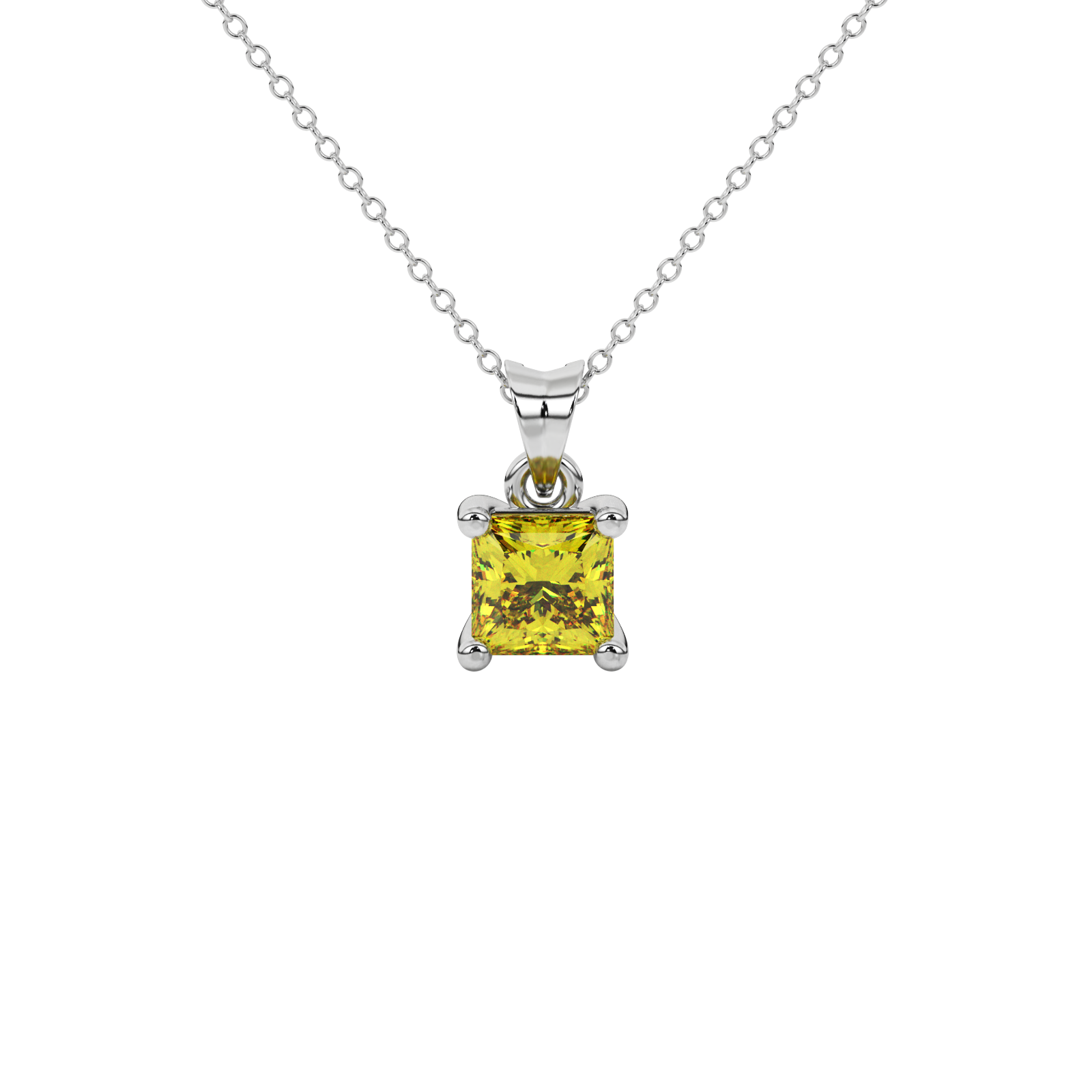 Princess canary yellow gemstone pendant, white gold classic basket setting.