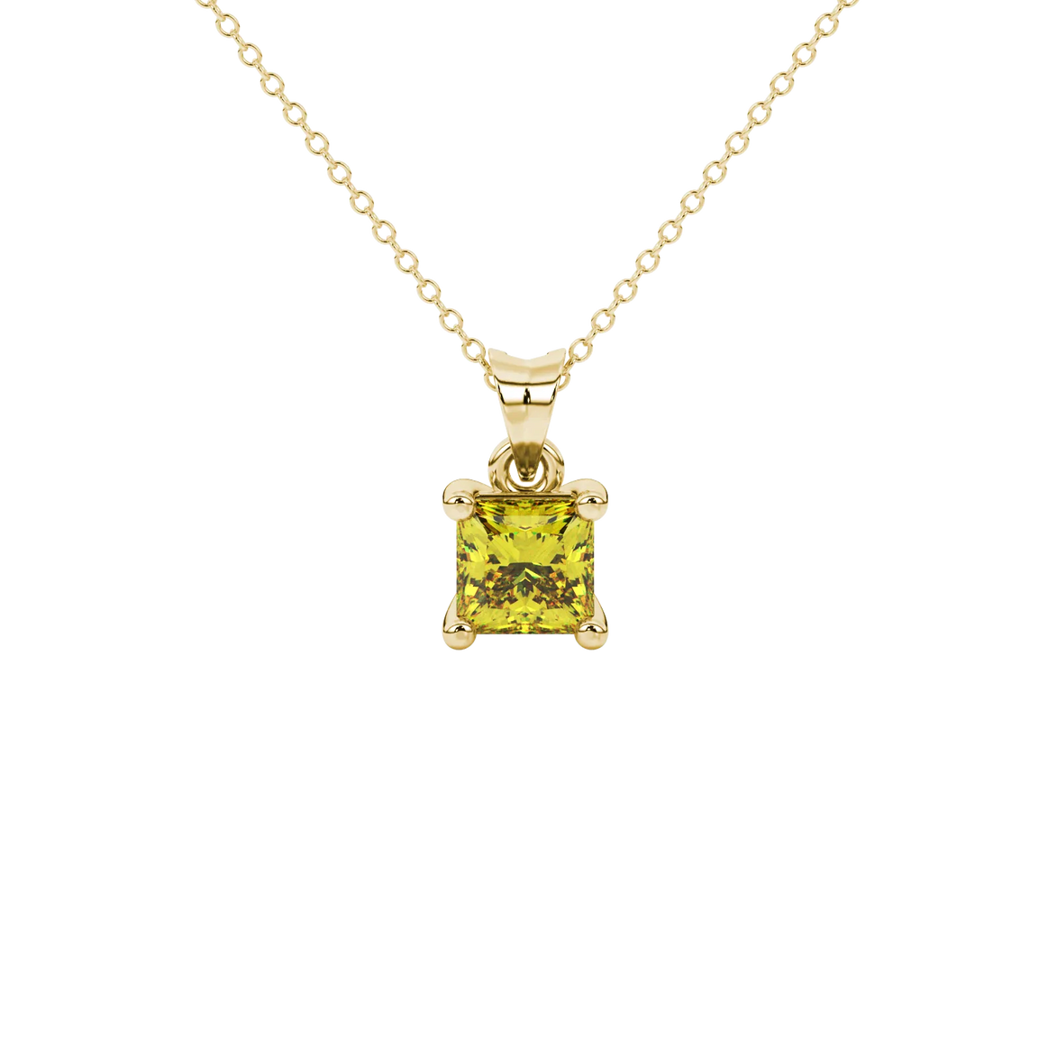 Princess canary yellow gemstone pendant, yellow gold classic basket setting.