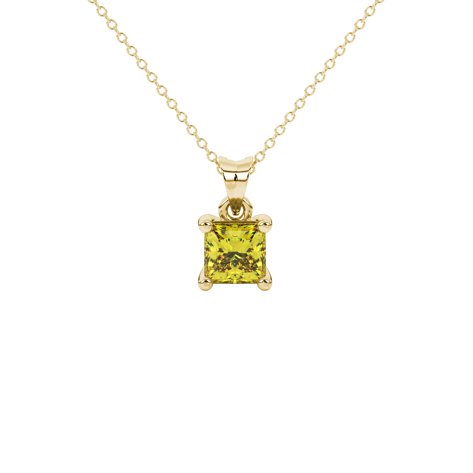 Princess canary yellow gemstone pendant, yellow gold classic basket setting.