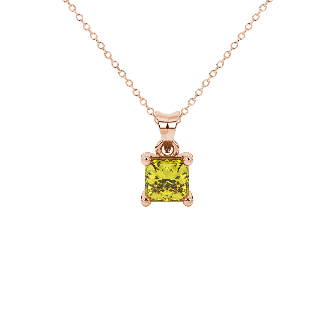 Princess canary yellow gemstone pendant, rose gold classic basket setting.