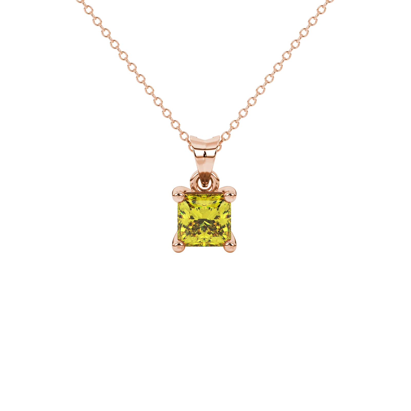 Princess canary yellow gemstone pendant, rose gold classic basket setting.