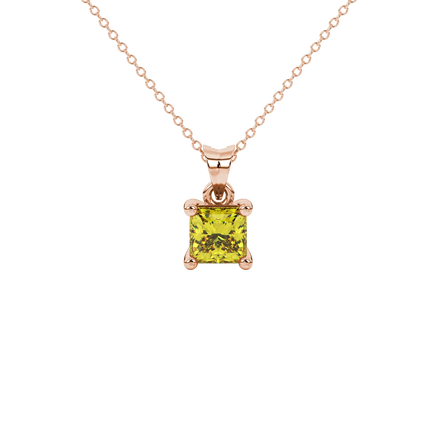 Princess canary yellow gemstone pendant, rose gold classic basket setting.