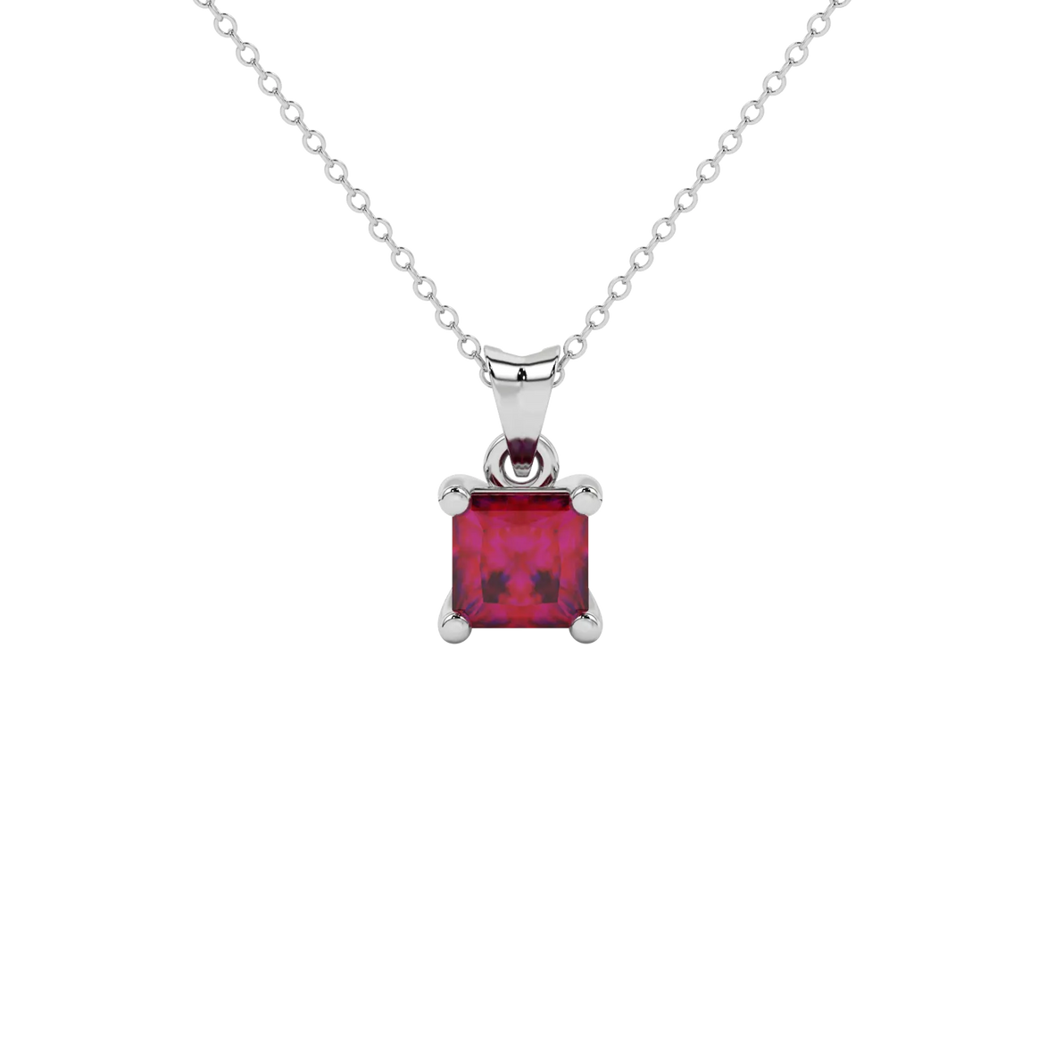 Princess raspberry red gemstone pendant, white gold classic basket setting.