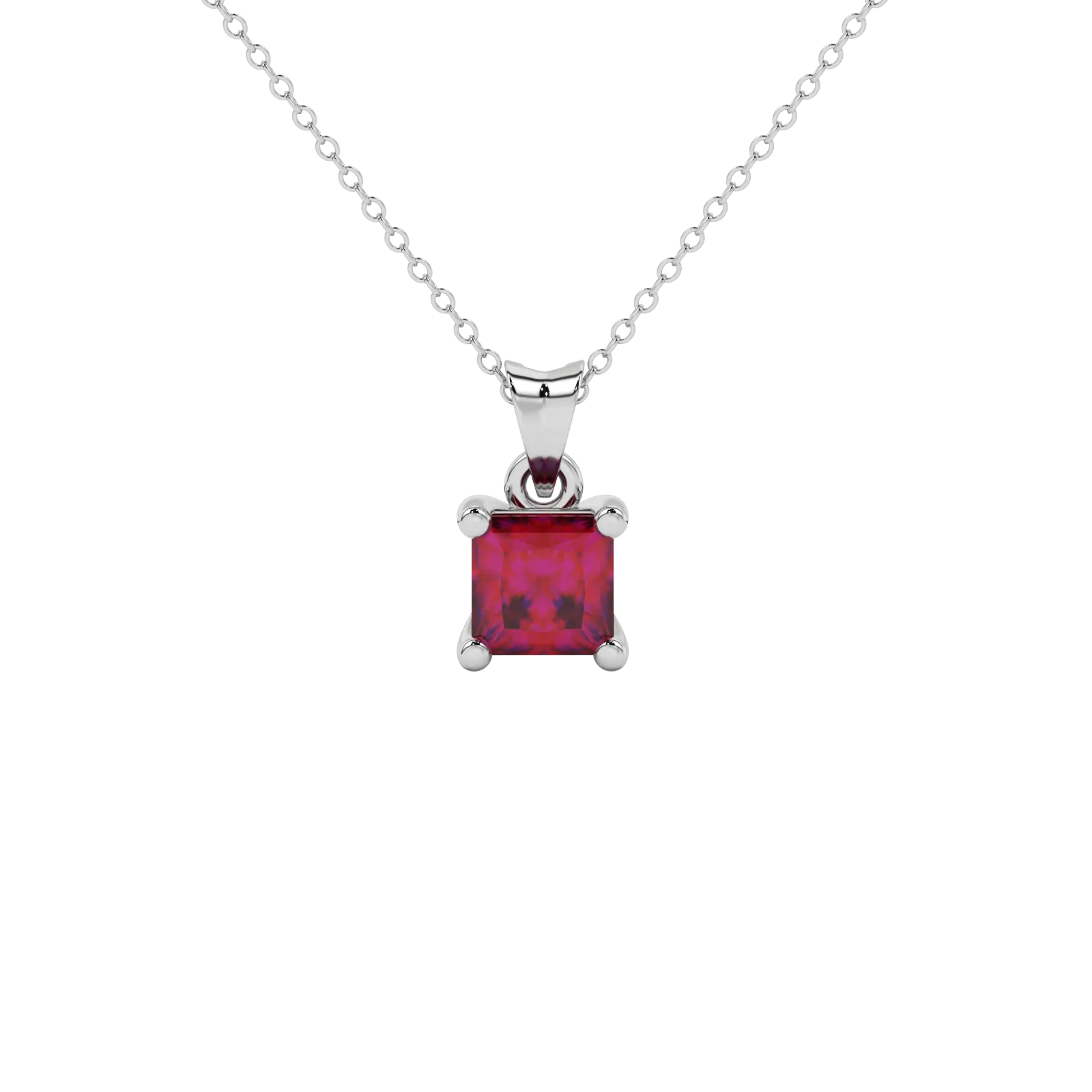 Princess raspberry red gemstone pendant, white gold classic basket setting.