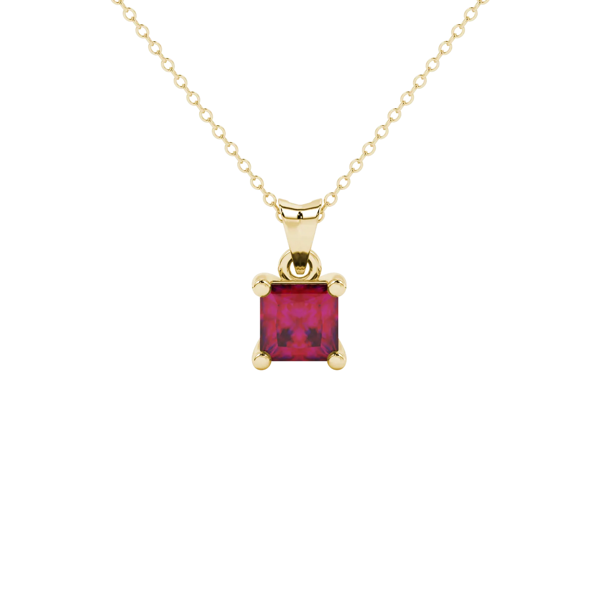 Princess raspberry red gemstone pendant, yellow gold classic basket setting.