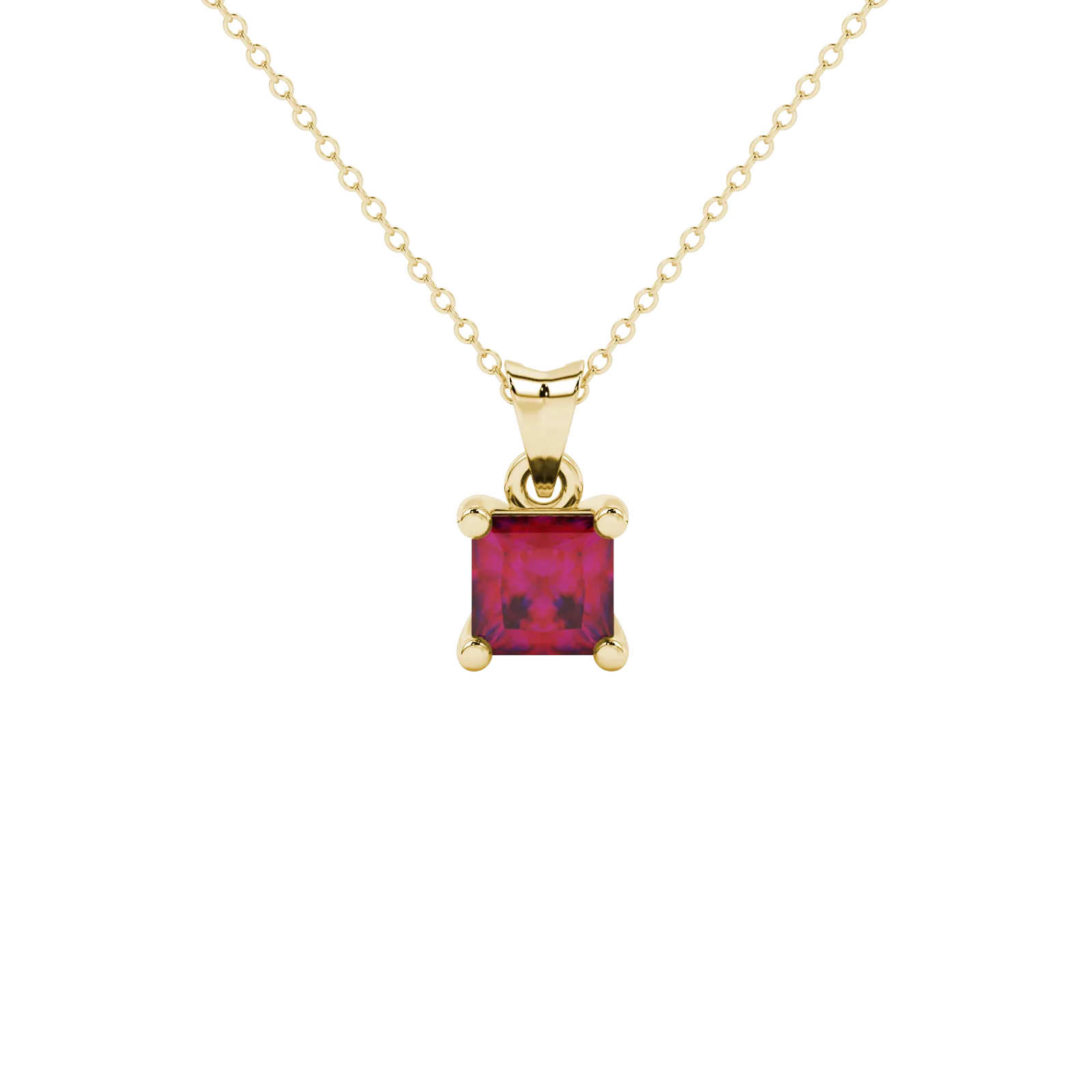 Princess raspberry red gemstone pendant, yellow gold classic basket setting.