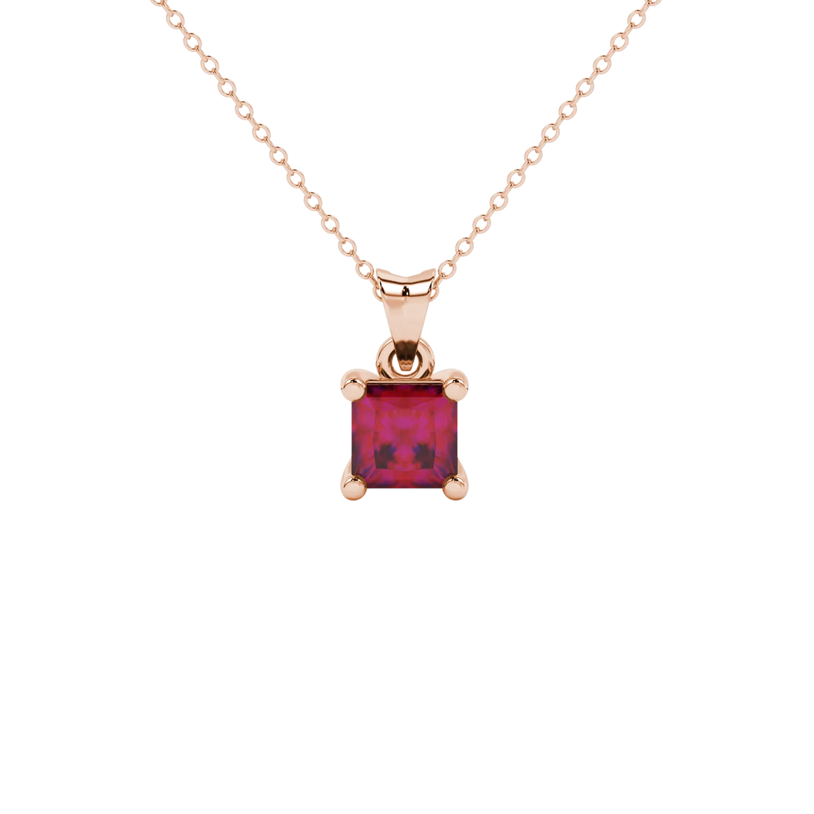 Princess raspberry red gemstone pendant, rose gold classic basket setting.