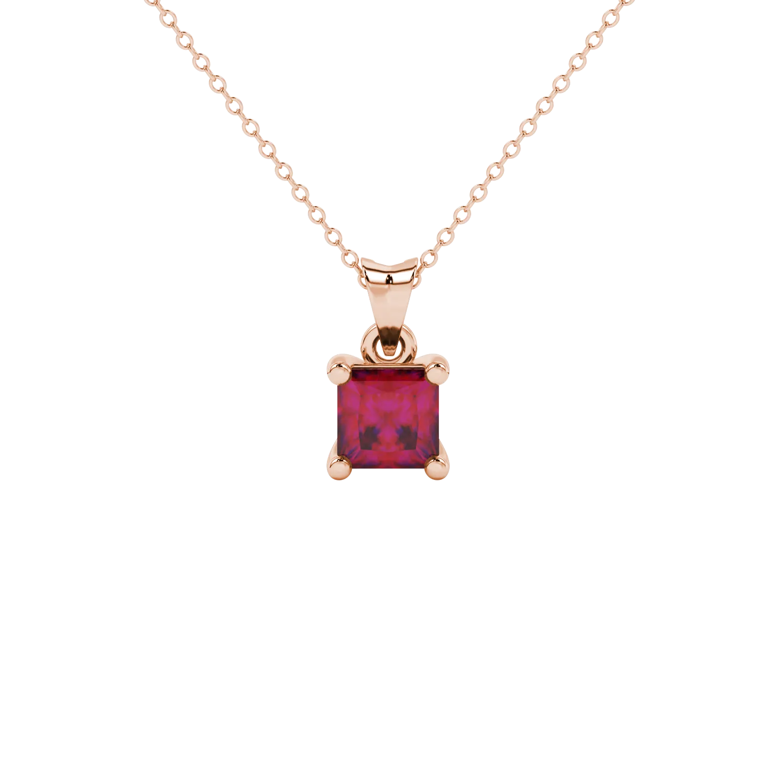 Princess raspberry red gemstone pendant, rose gold classic basket setting.