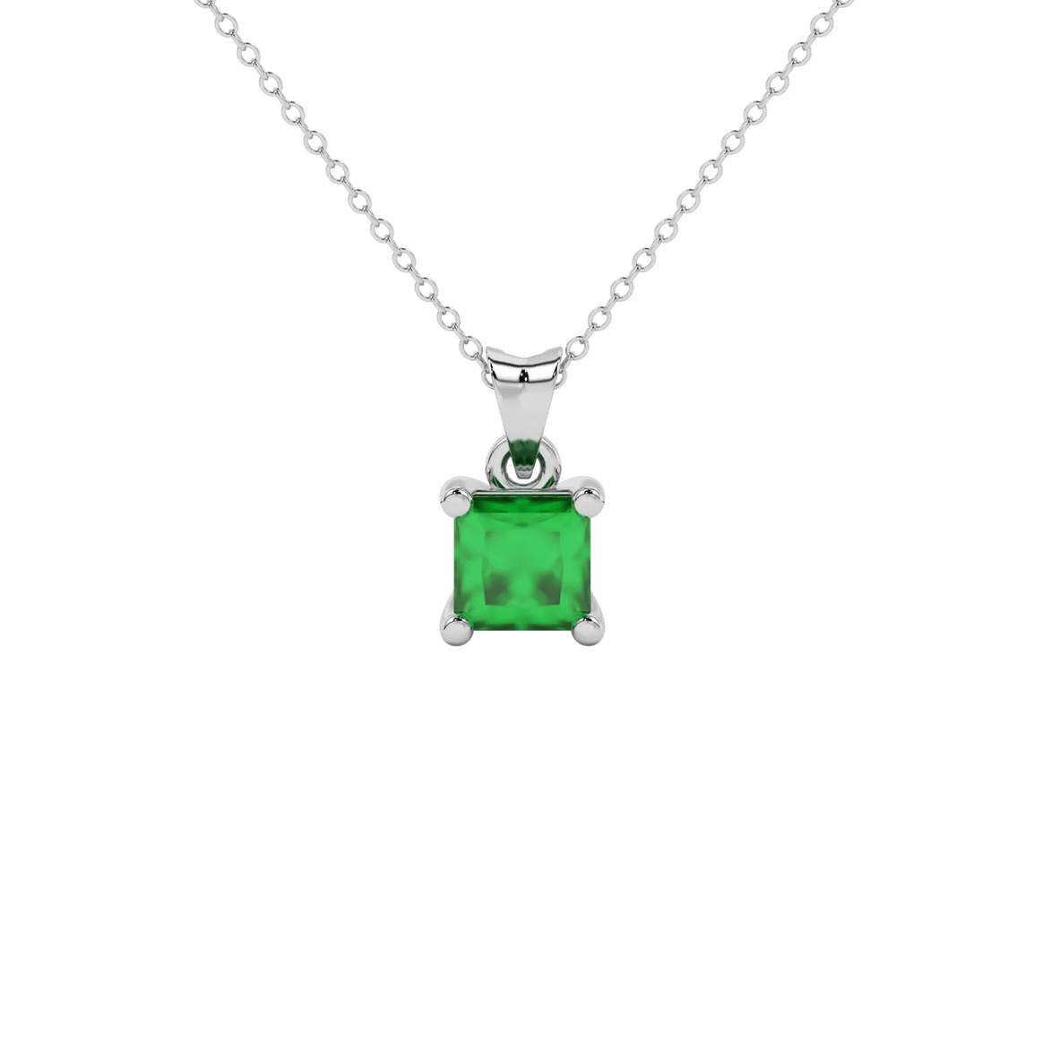 Princess emerald green gemstone pendant, white gold classic basket setting.