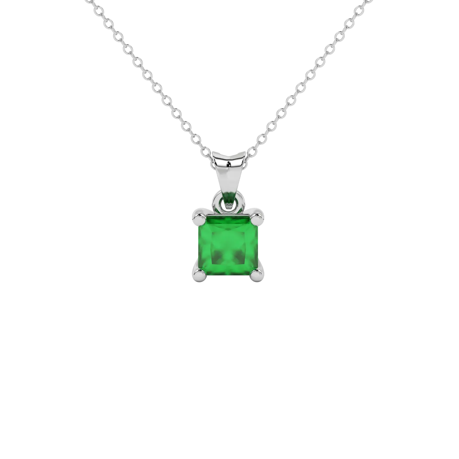 Princess emerald green gemstone pendant, white gold classic basket setting.