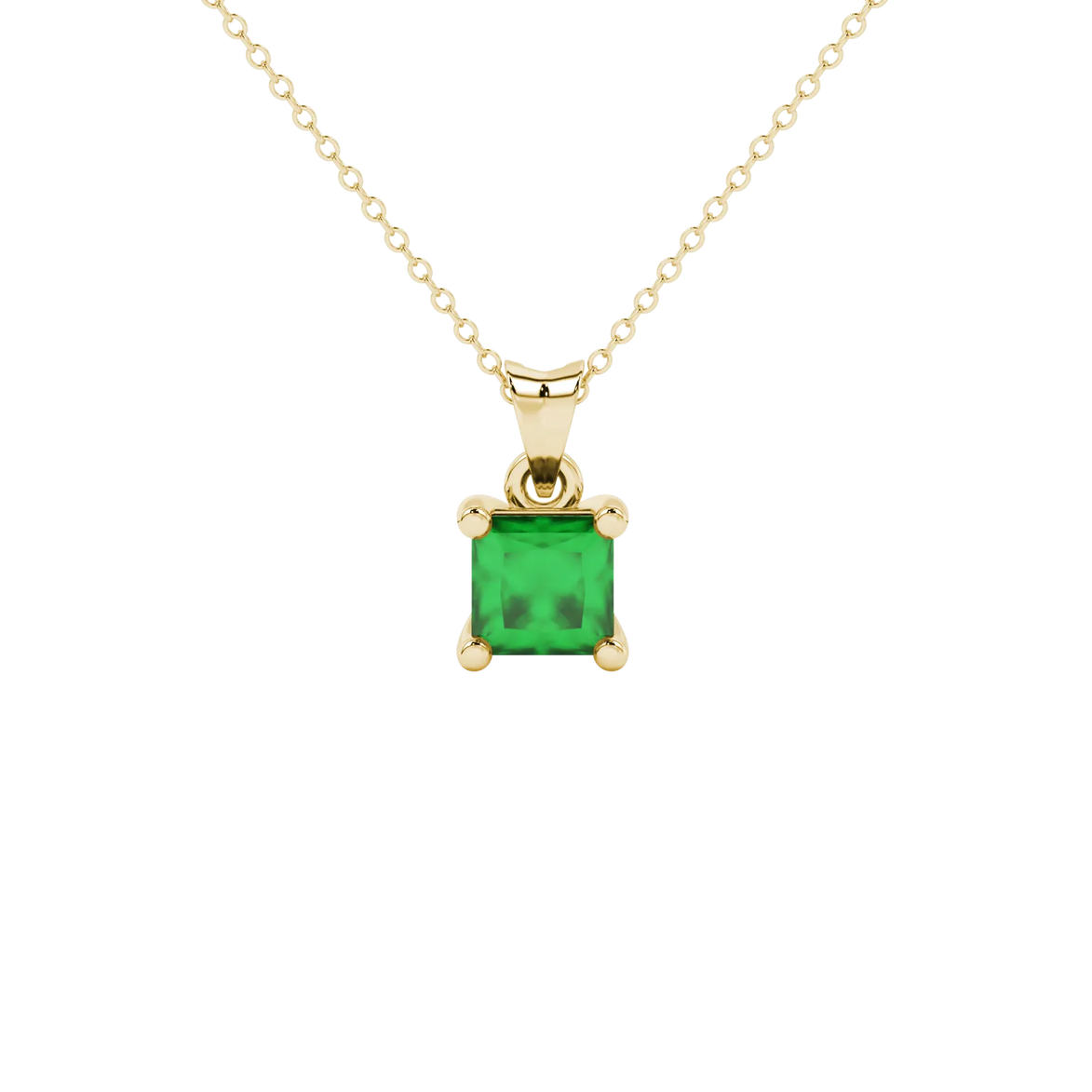 Princess emerald green gemstone pendant, yellow gold classic basket setting.