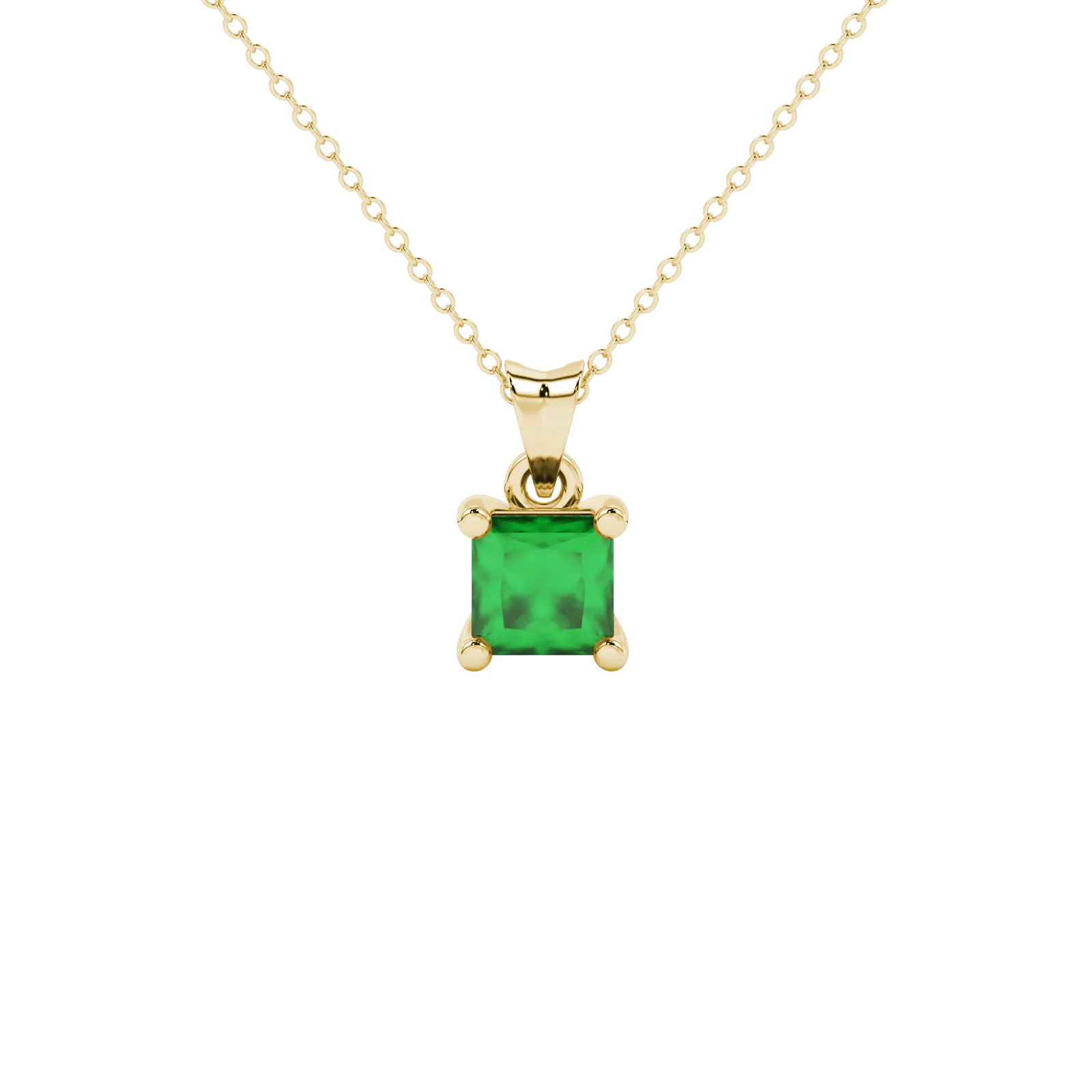 Princess emerald green gemstone pendant, yellow gold classic basket setting.