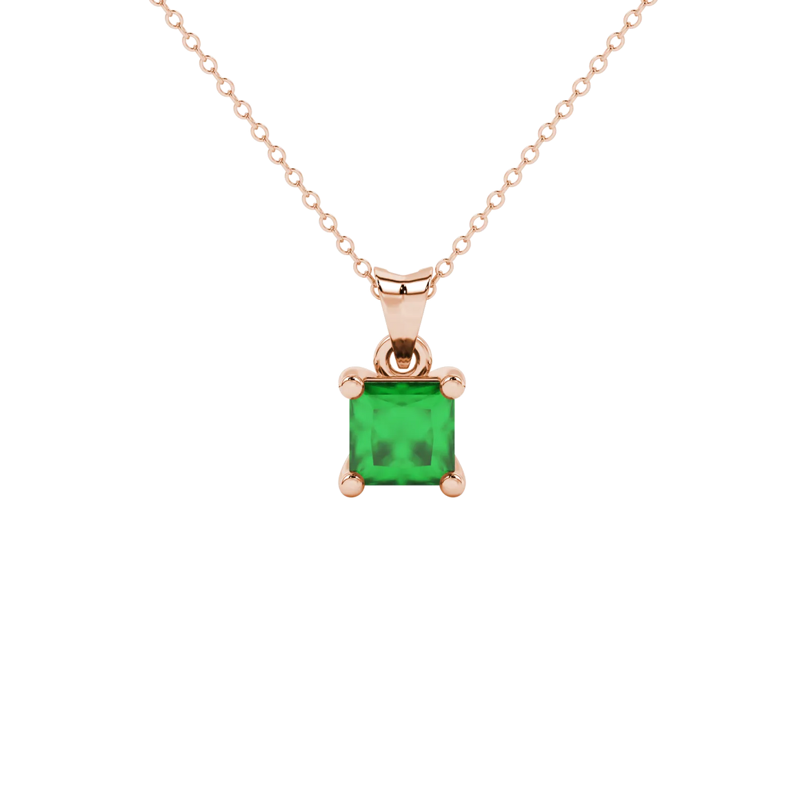 Princess emerald green gemstone pendant, rose gold classic basket setting.