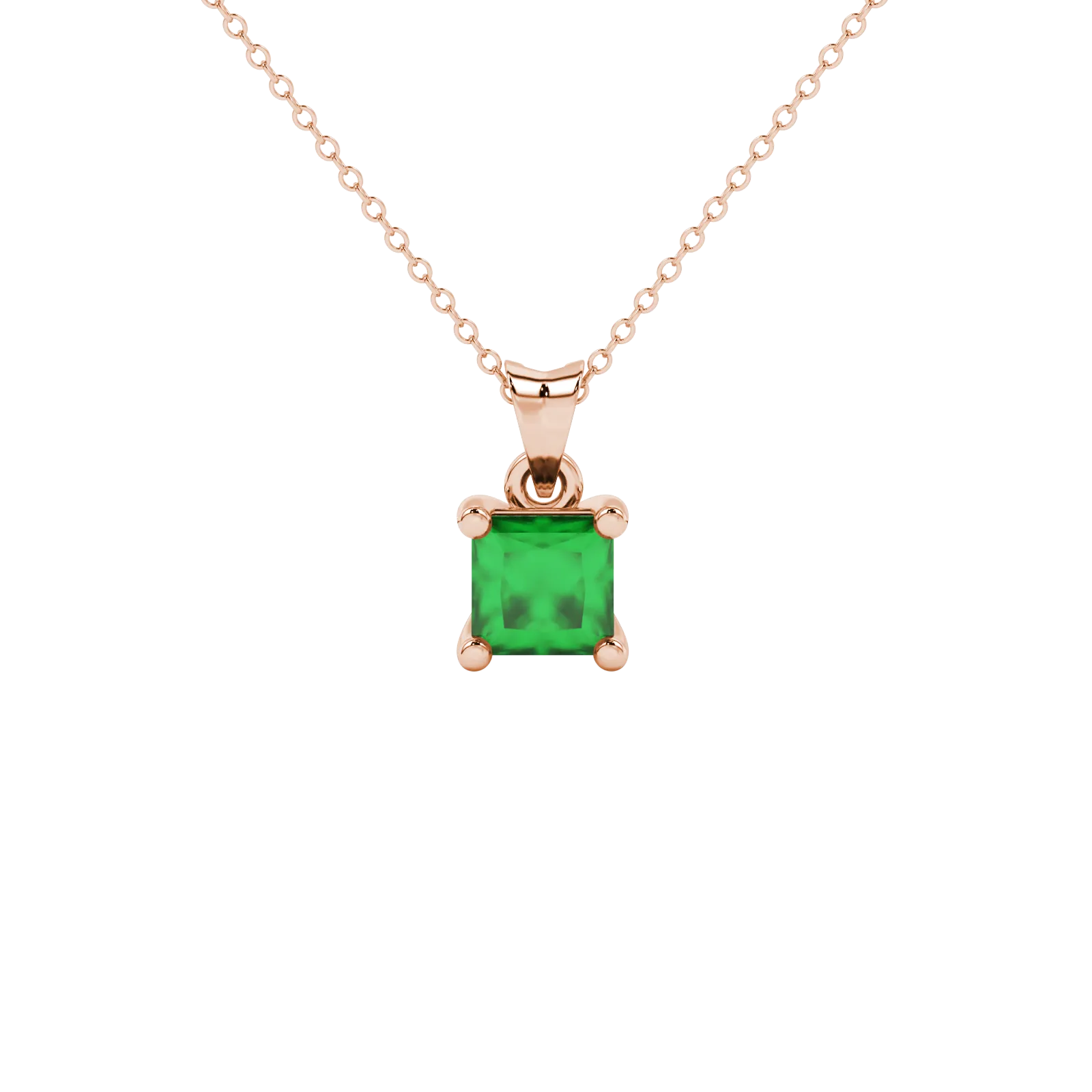 Princess emerald green gemstone pendant, rose gold classic basket setting.