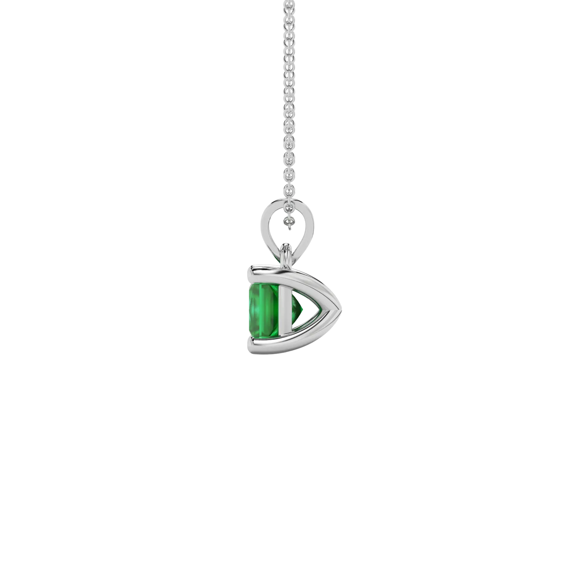 Side profile, white gold emerald green pendant, classic basket gallery.