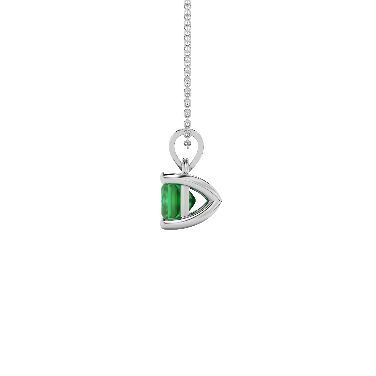 Side profile, white gold emerald green pendant, classic basket gallery.