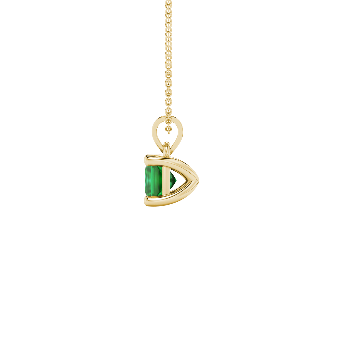 Side profile, yellow gold emerald green pendant, classic basket gallery.