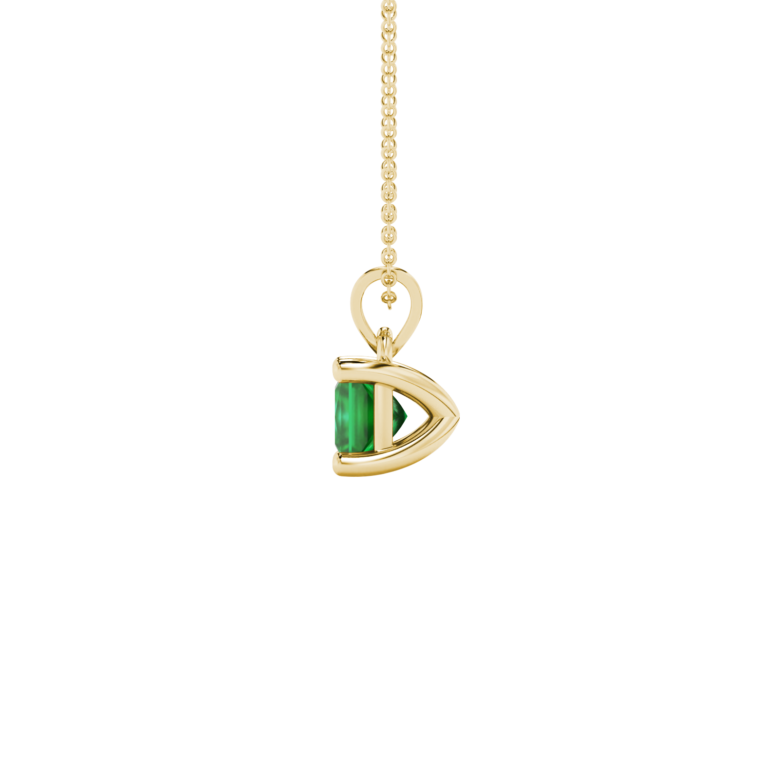 Side profile, yellow gold emerald green pendant, classic basket gallery.
