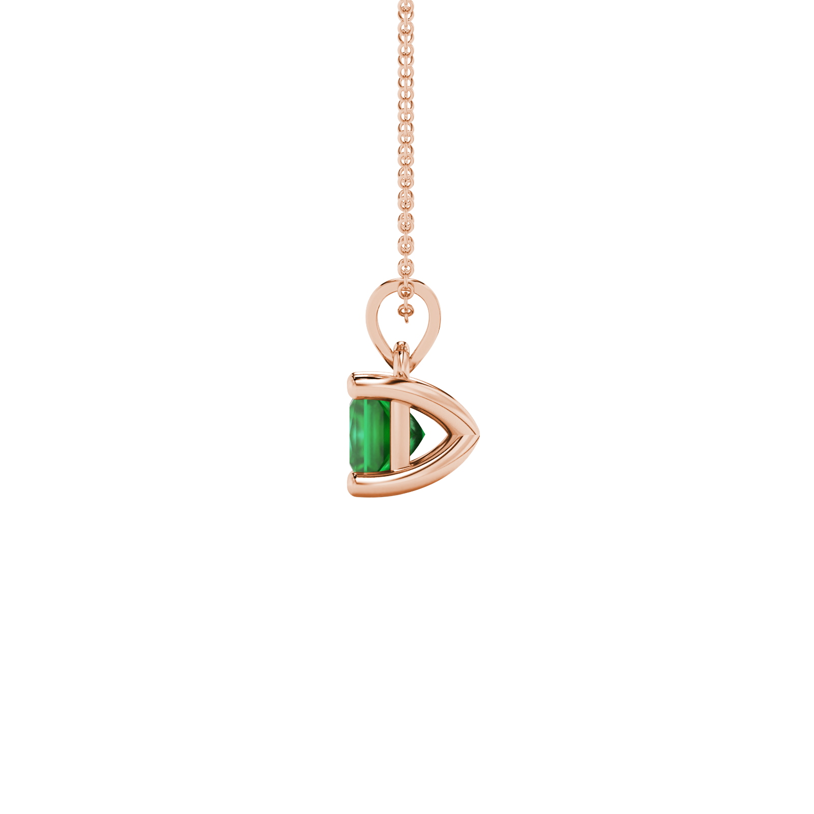 Side profile, rose gold emerald green pendant, classic basket gallery.