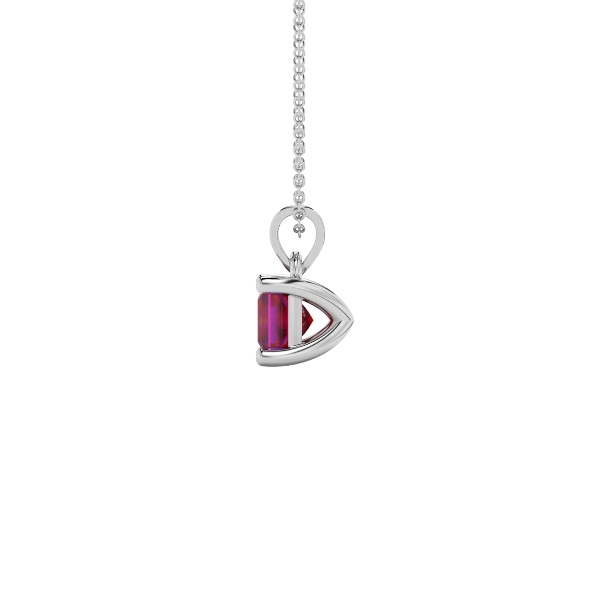 Side profile, white gold raspberry red pendant, classic basket gallery.