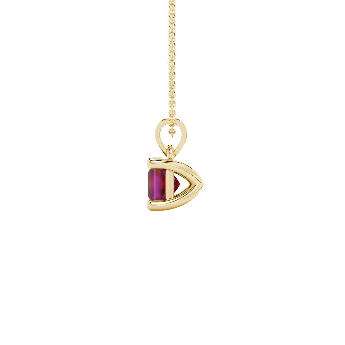 Side profile, yellow gold raspberry red pendant, classic basket gallery.