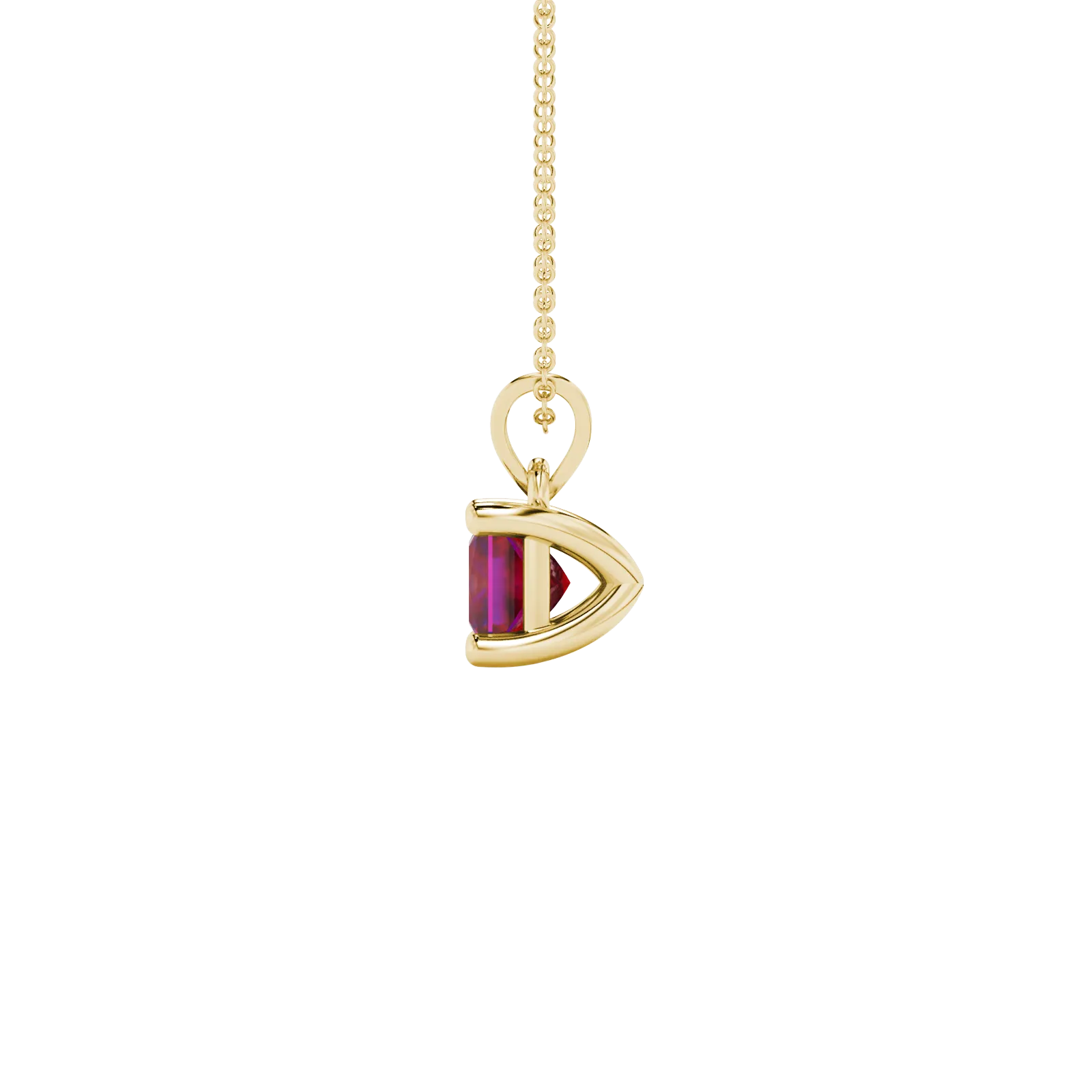 Side profile, yellow gold raspberry red pendant, classic basket gallery.