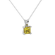 Close-up canary yellow gemstone pendant, white gold basket setting.