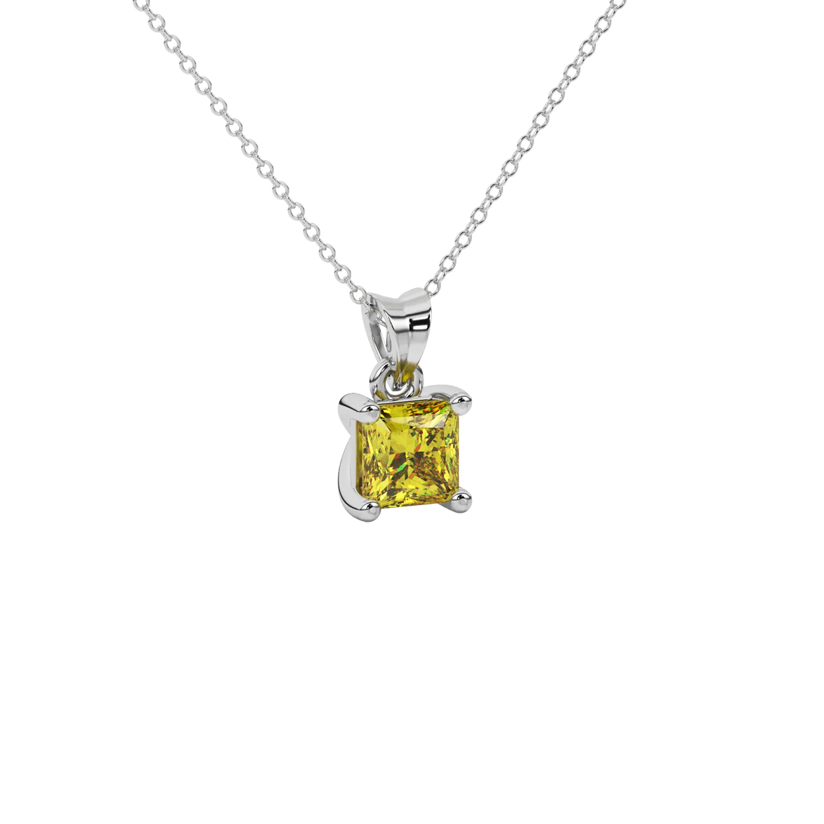 Close-up canary yellow gemstone pendant, white gold basket setting.