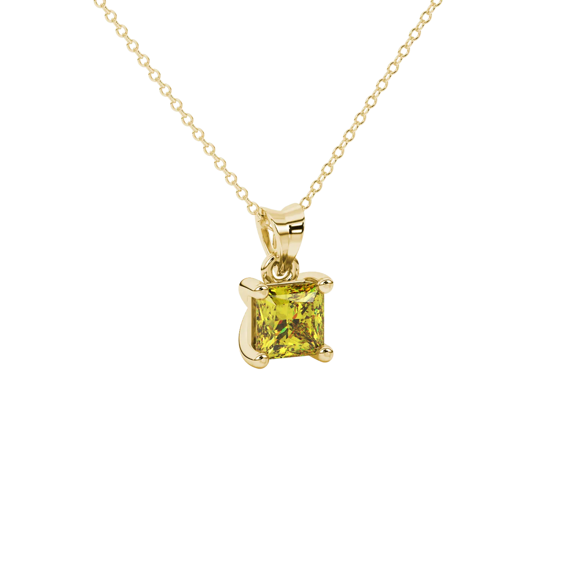 Close-up, princess canary yellow gemstone, yellow gold basket pendant.