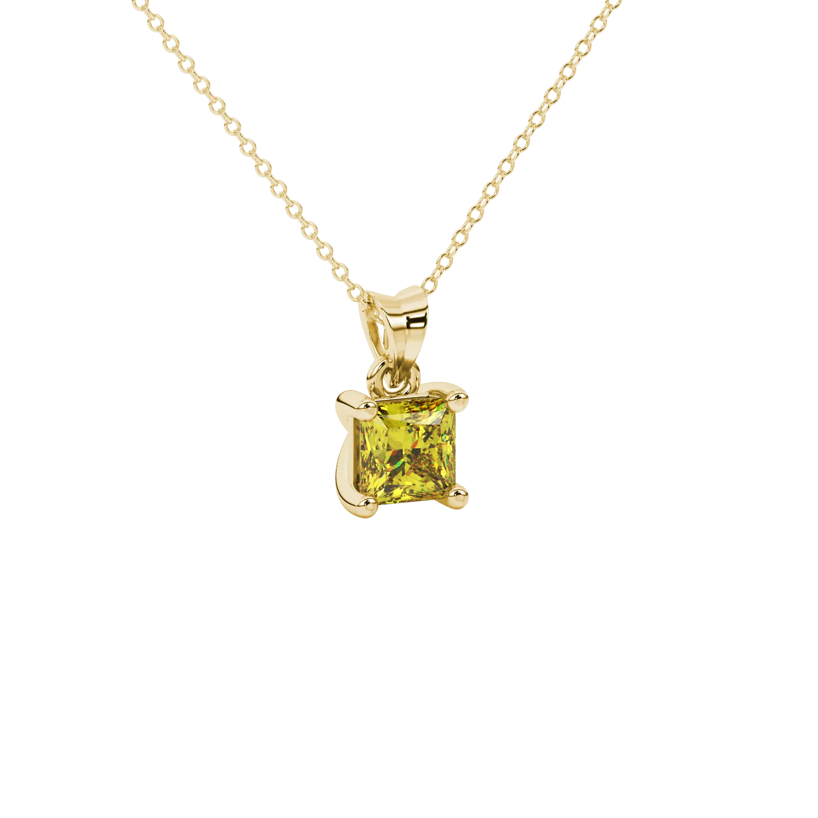 Close-up, princess canary yellow gemstone, yellow gold basket pendant.