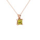 Close-up, princess canary yellow gemstone pendant, rose gold basket setting.