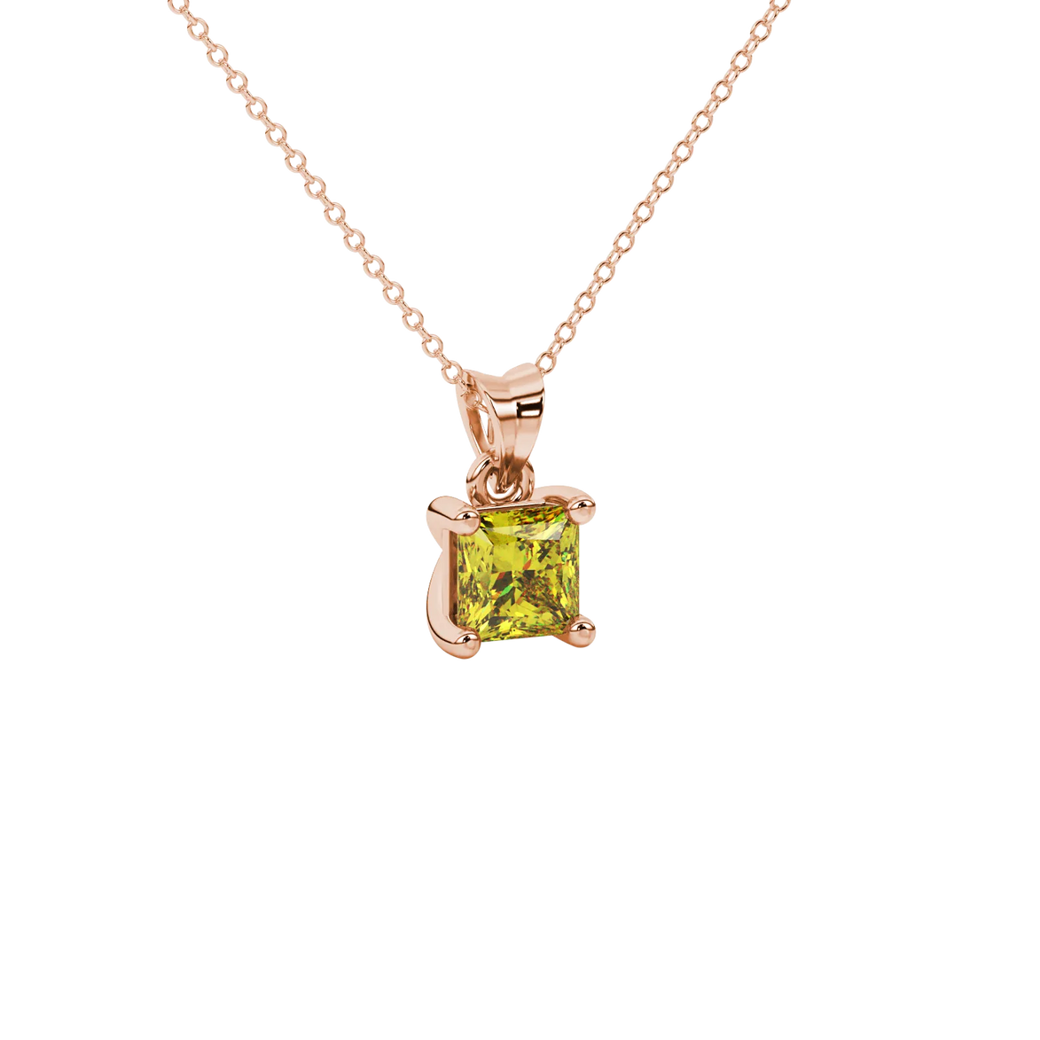 Close-up, princess canary yellow gemstone pendant, rose gold basket setting.