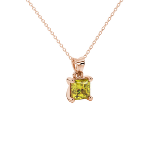 Close-up, princess canary yellow gemstone pendant, rose gold basket setting.