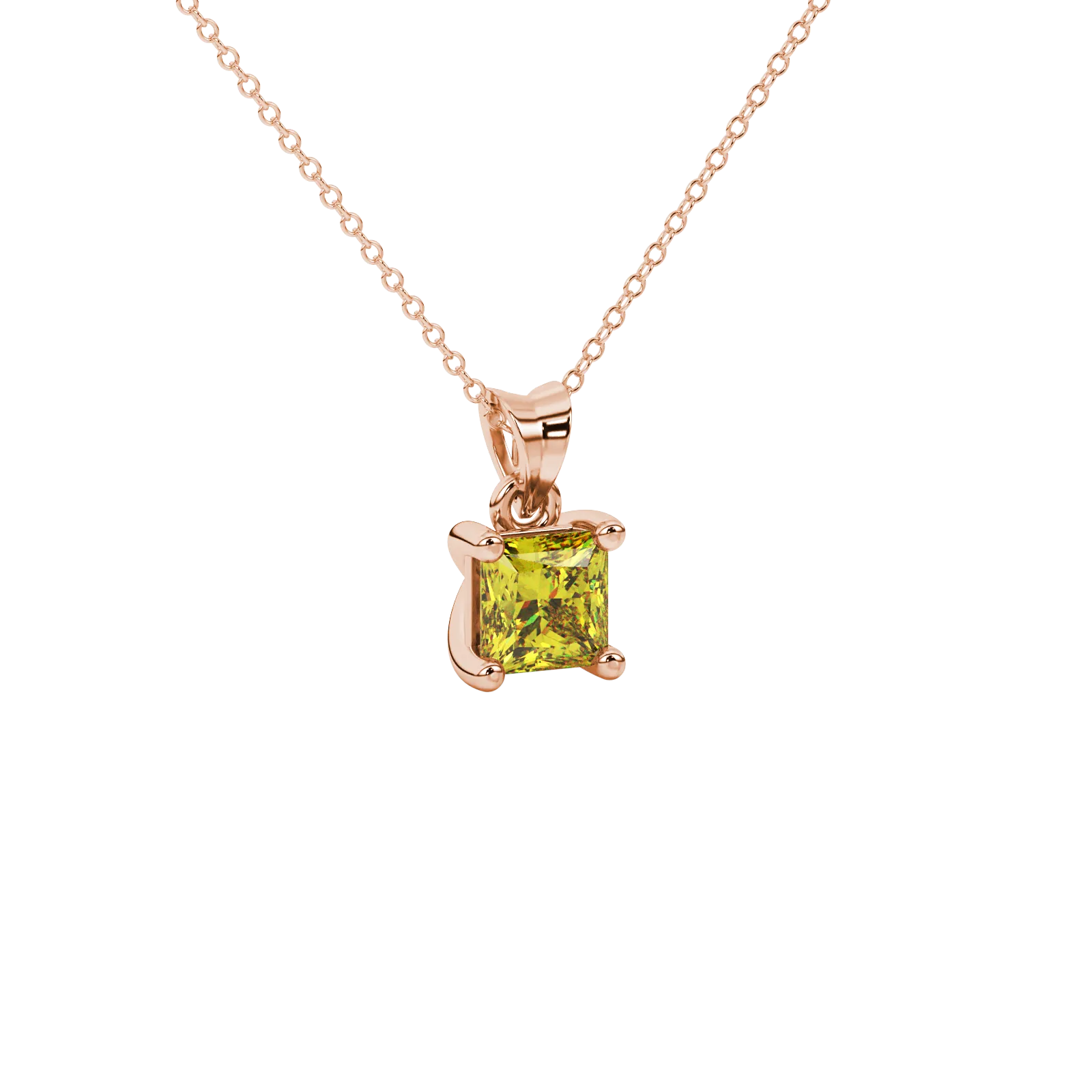 Close-up, princess canary yellow gemstone pendant, rose gold basket setting.