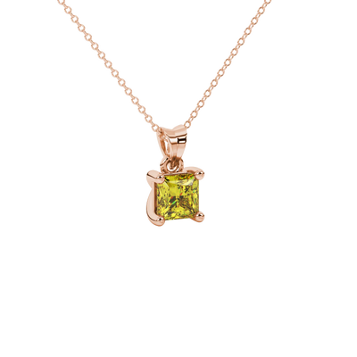 Close-up, princess canary yellow gemstone pendant, rose gold basket setting.