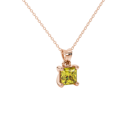 Close-up, princess canary yellow gemstone pendant, rose gold basket setting.