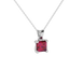 Close-up raspberry red gemstone pendant, white gold basket setting.