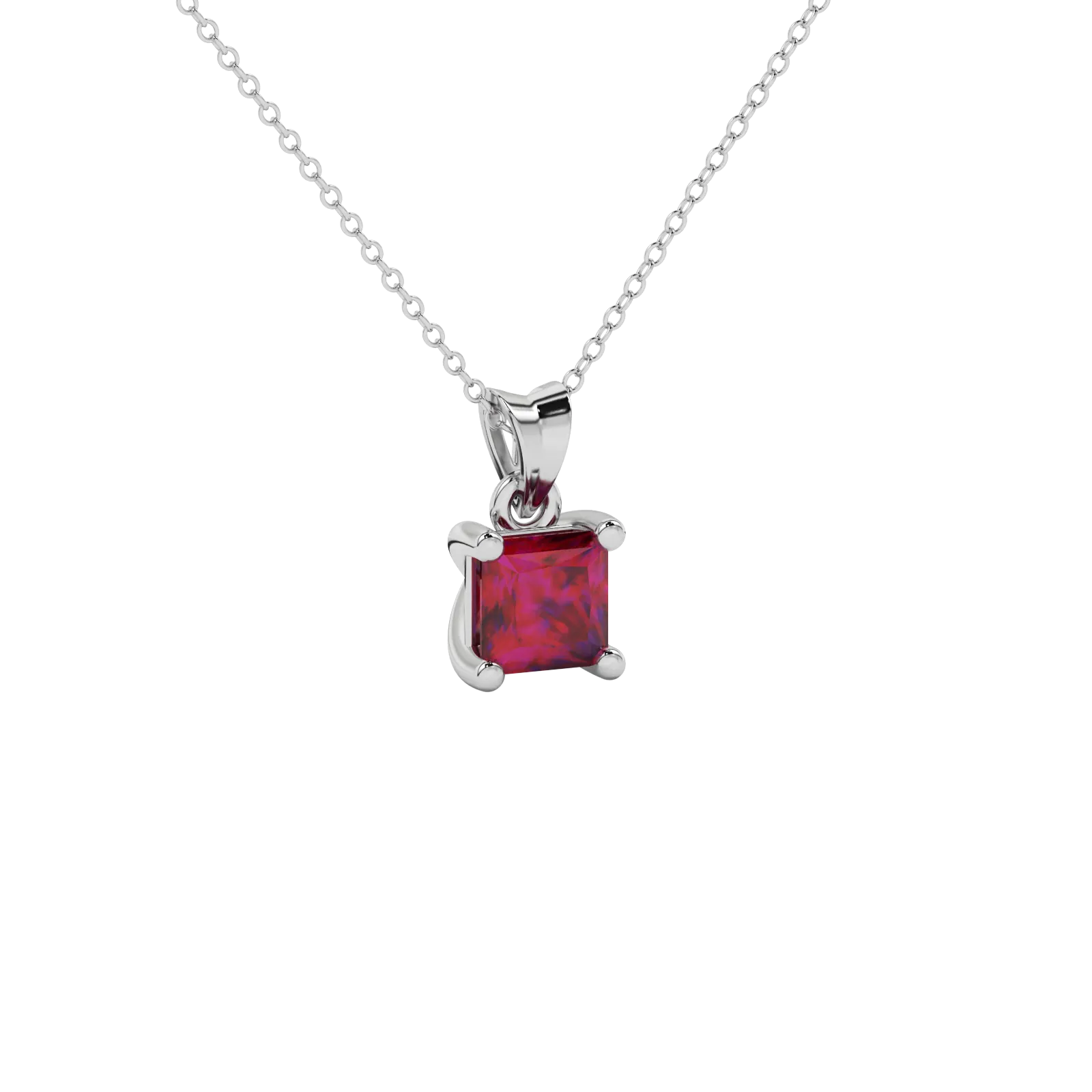 Close-up raspberry red gemstone pendant, white gold basket setting.