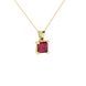 Close-up, princess raspberry red gemstone, yellow gold basket pendant.