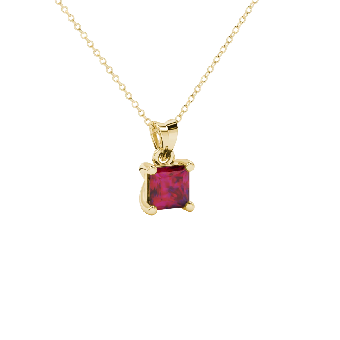 Close-up, princess raspberry red gemstone, yellow gold basket pendant.