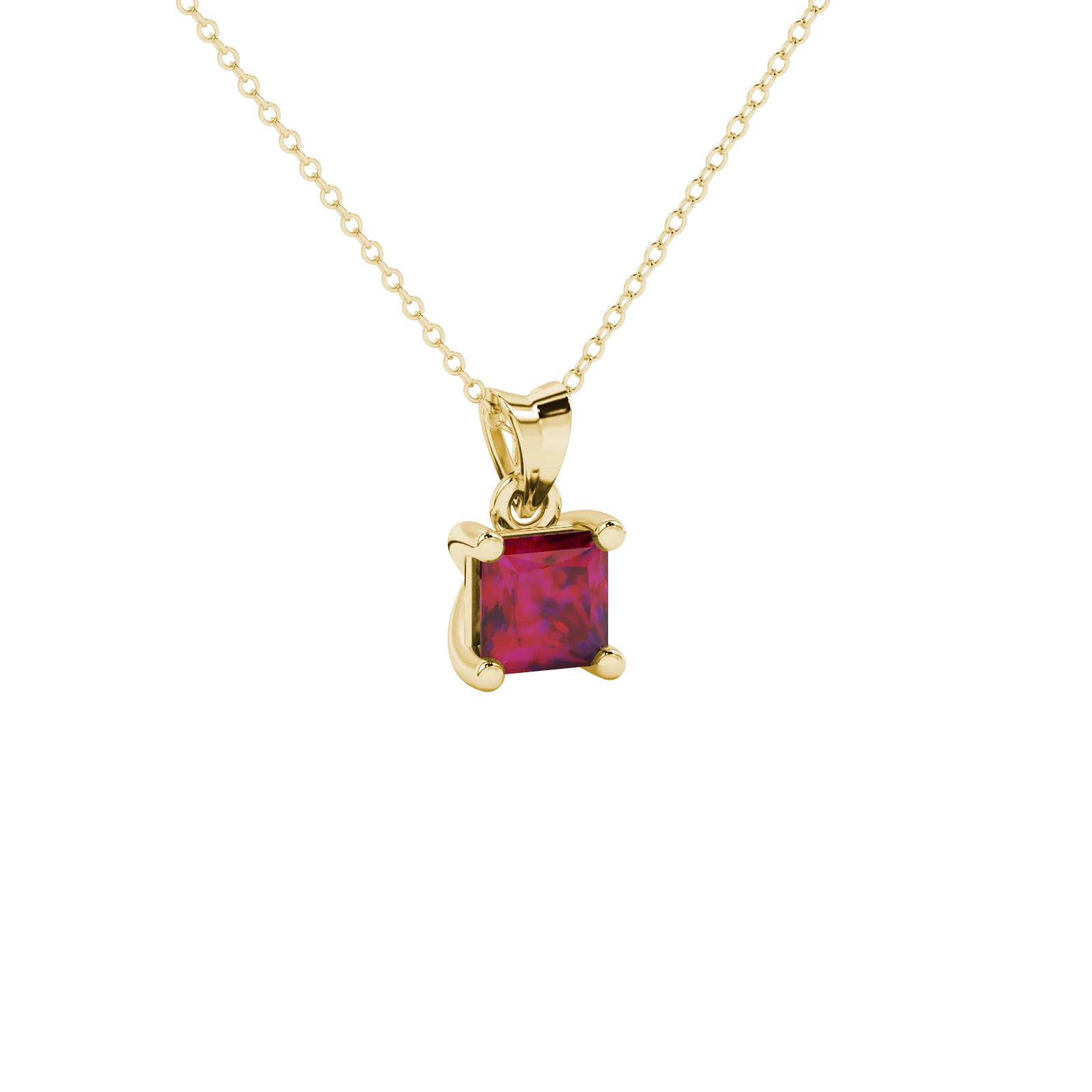 Close-up, princess raspberry red gemstone, yellow gold basket pendant.