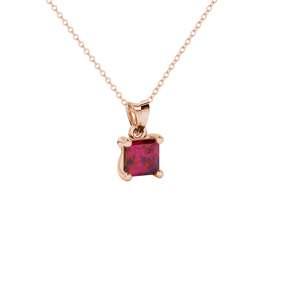 Close-up, princess raspberry red gemstone pendant, rose gold basket setting.