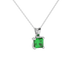 Close-up emerald green gemstone pendant, white gold basket setting.