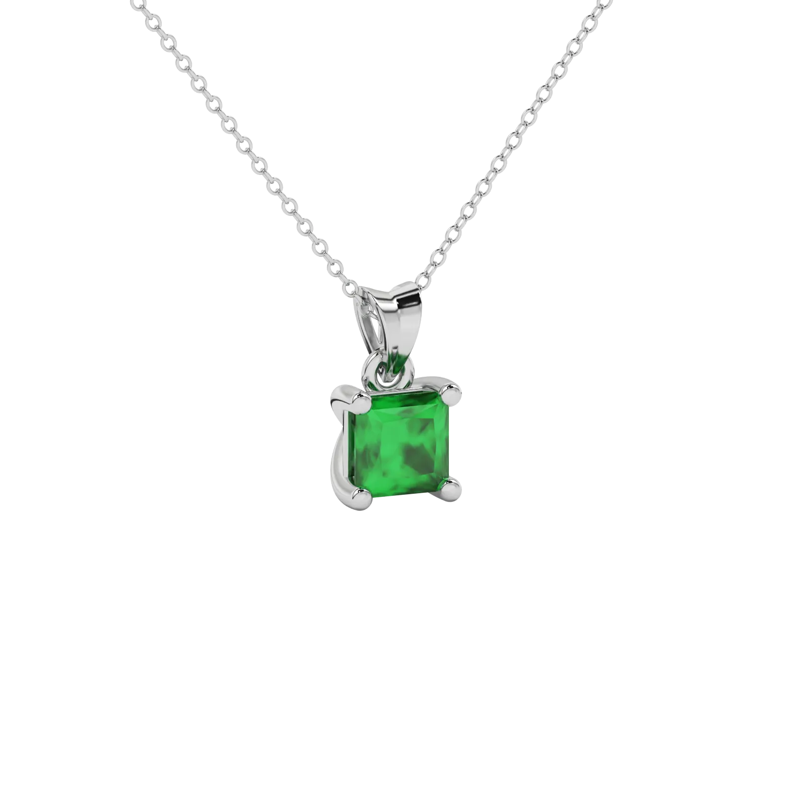 Close-up emerald green gemstone pendant, white gold basket setting.