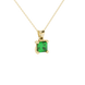 Close-up, princess emerald green gemstone, yellow gold basket pendant.