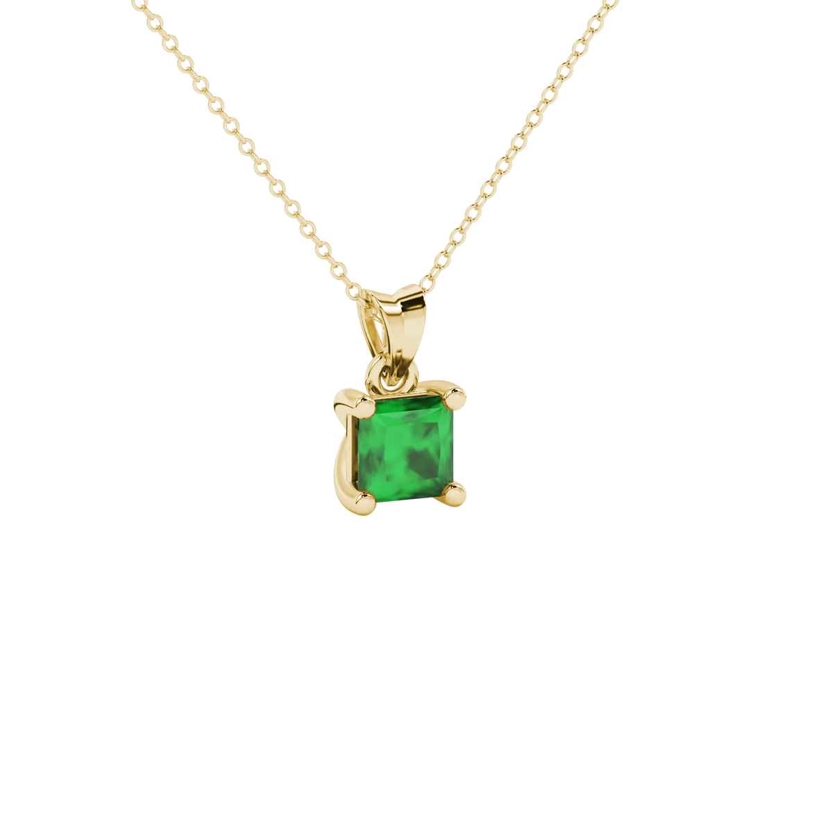 Close-up, princess emerald green gemstone, yellow gold basket pendant.