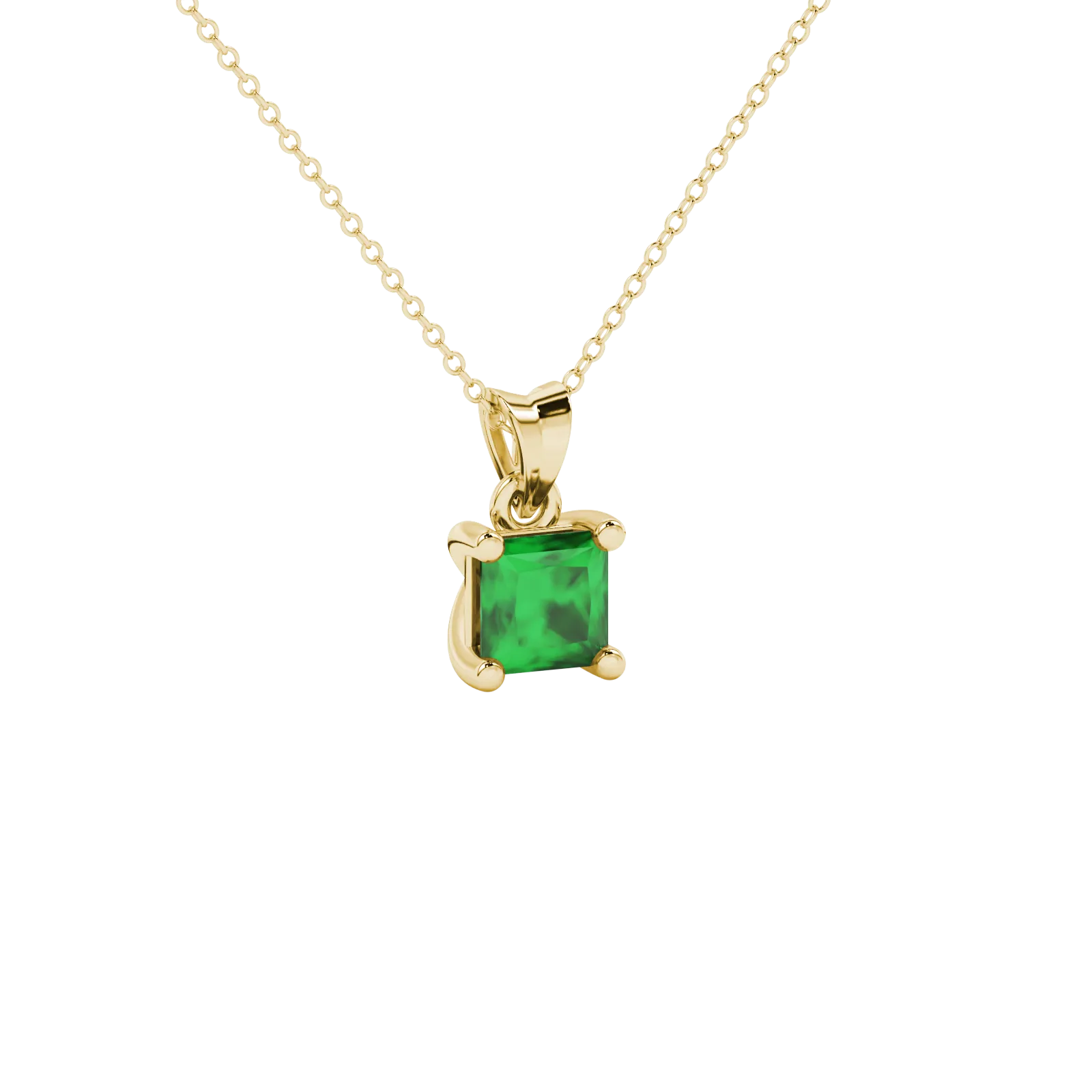 Close-up, princess emerald green gemstone, yellow gold basket pendant.