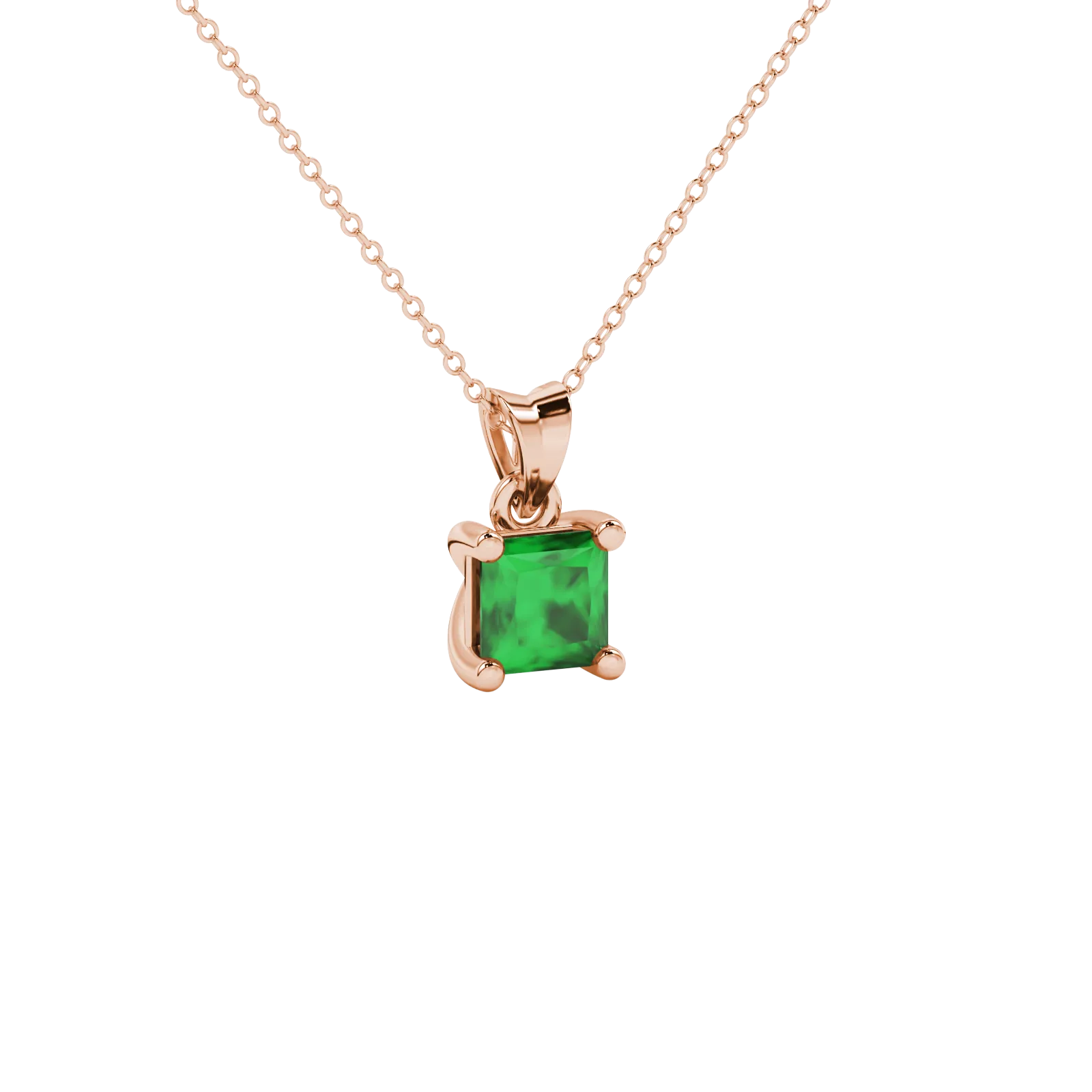 Close-up, princess emerald green gemstone pendant, rose gold basket setting.
